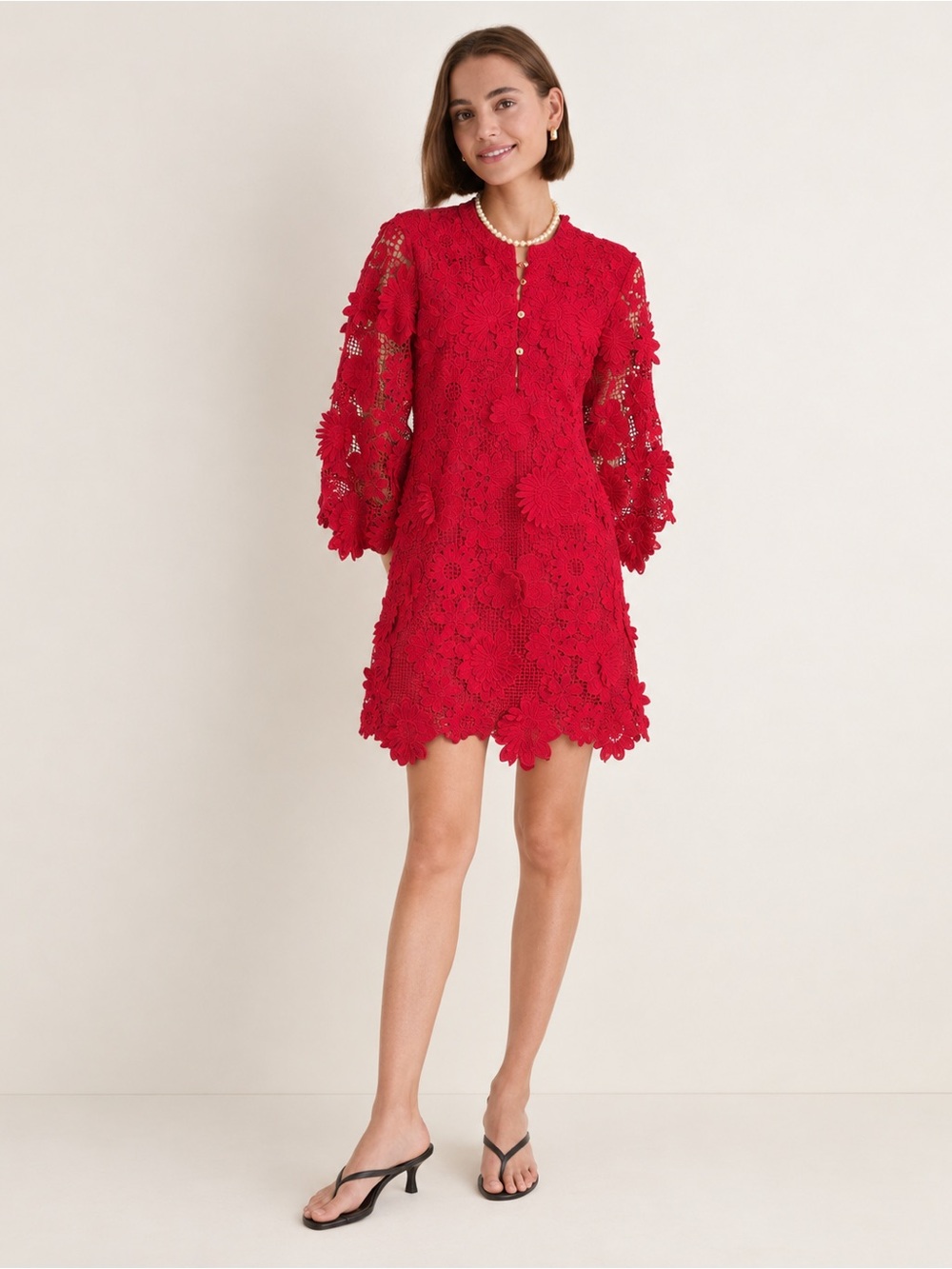 NWT J.Marie Seraphina Floral 3D Lace Split Round Button Up Neck Shift Dress Sz S